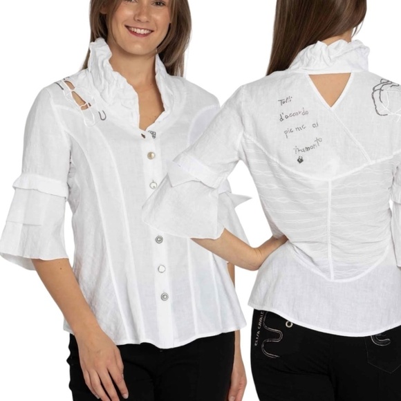 ELISA CAVALETTI 100% Linen 3/4 Sleeve Button Front Blouse Shawl Collar US Sz S - Picture 1 of 9